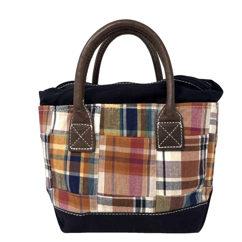 VTG LL Bean Mini Boat & Tote Bag Rare Madras Plaid & Canvas Leather Handles NEW